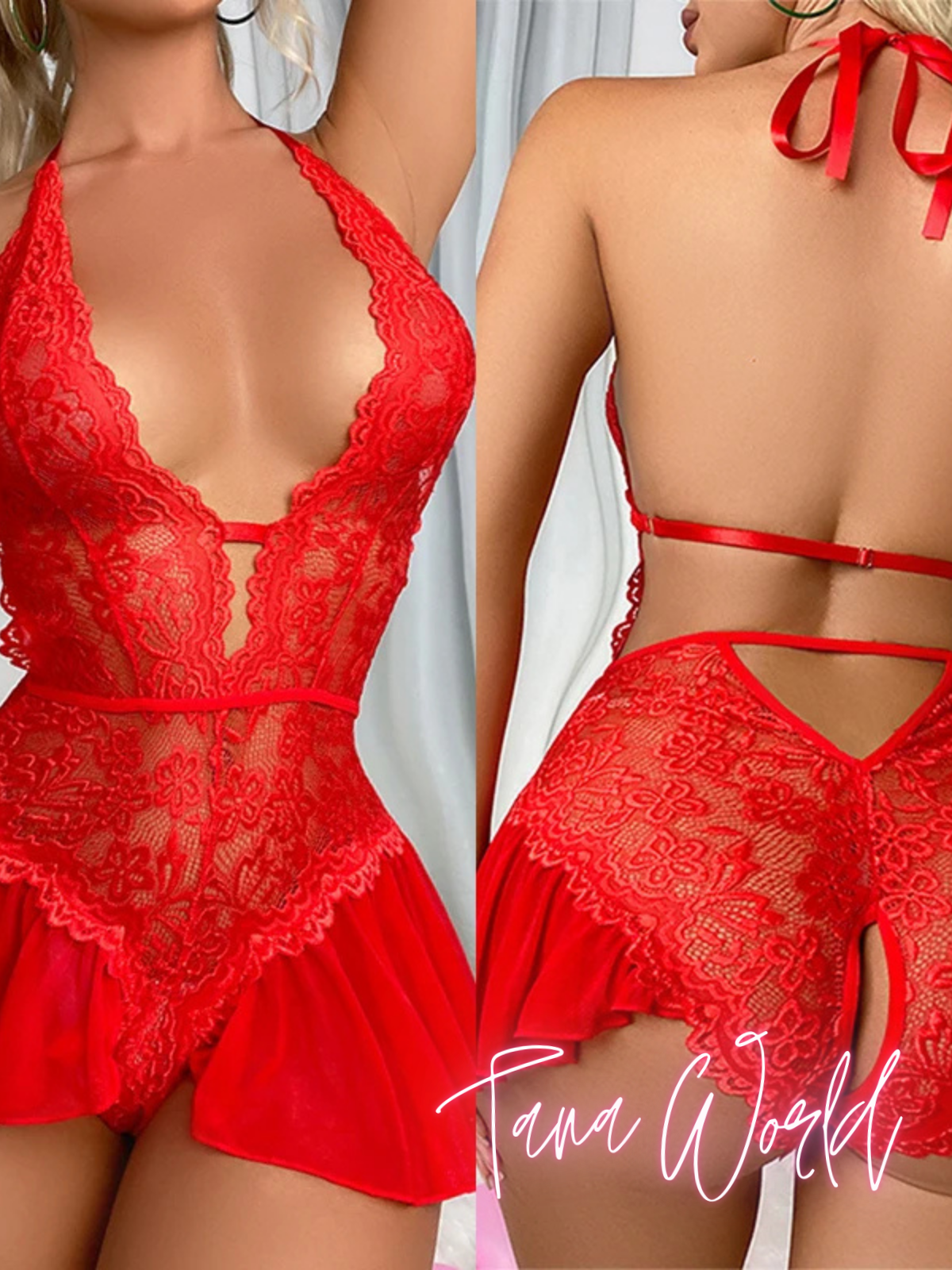 Charme Éternel - Lingerie Dentelle Décolleté Profond, Broderie Exquise et Tulle Transparent pour une Saint-Valentin Inoubliable