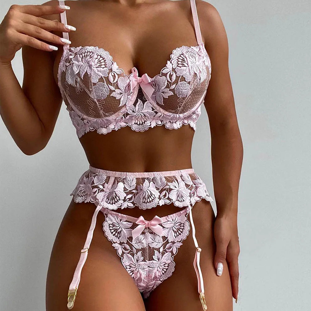 Lingerie Mirakel – Ensemble Sexy en Dentelle Transparente avec Broderie Féérique et Soutien-Gorge Push-Up