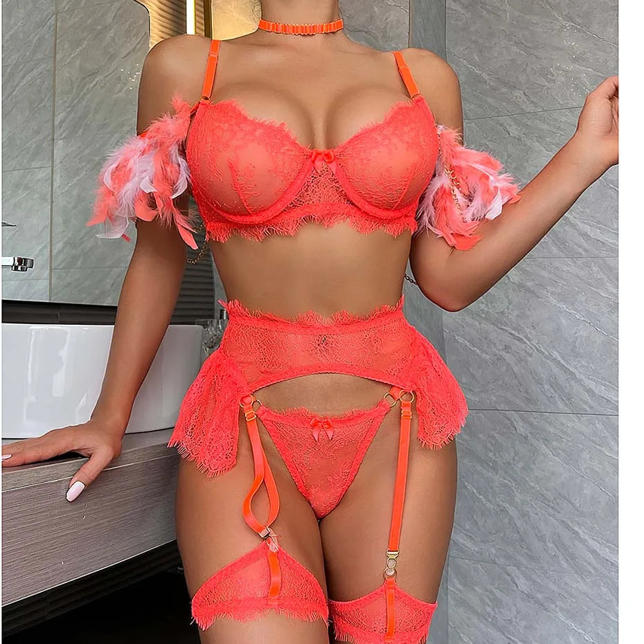 Ensemble Lingerie Rose Envoûtante – Dentelle Transparente et Plumes Magiques pour un Charme Irrésistible