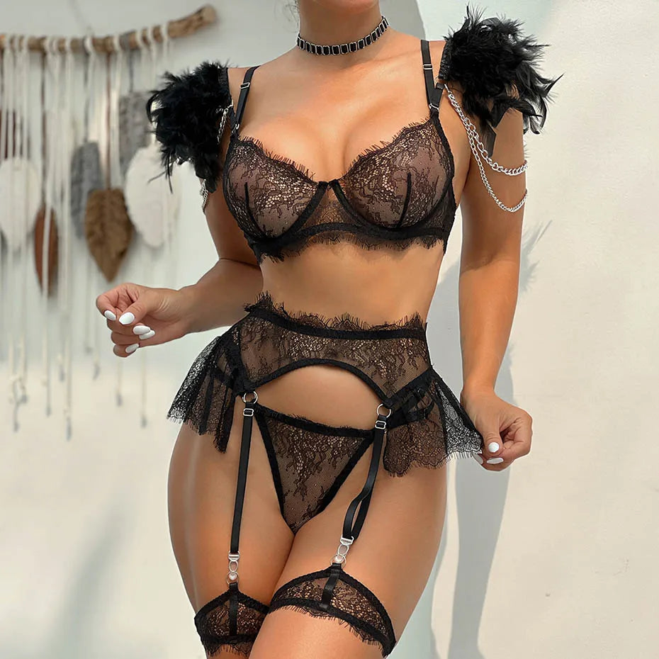 Ensemble Lingerie Rose Envoûtante – Dentelle Transparente et Plumes Magiques pour un Charme Irrésistible