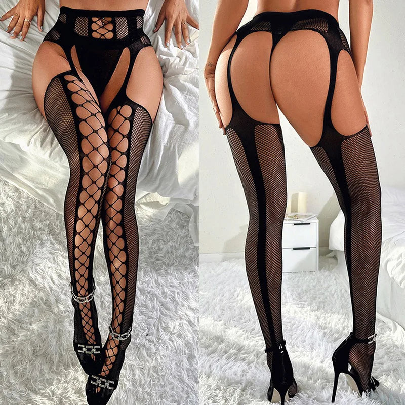 Les Ensembles Séduction Filet Noir – Body Résille Ouvert avec Porte-Jarretelles Érotique