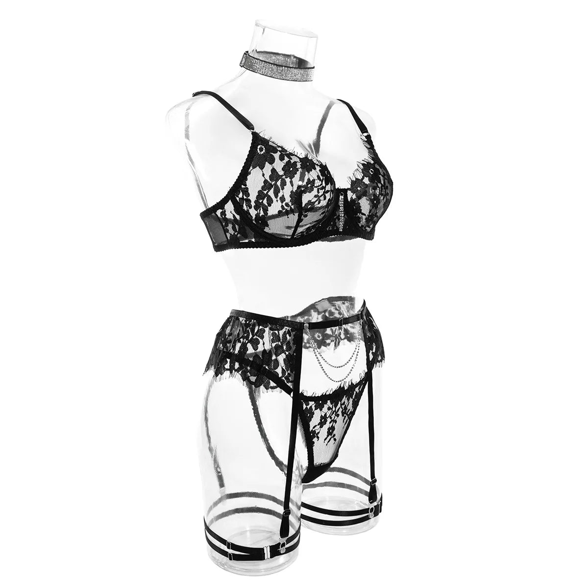 Ensemble Lingerie Noir Glamour – Dentelle Florale, Strass Éblouissants, Soutien-Gorge, Culotte et Porte-Jarretelles