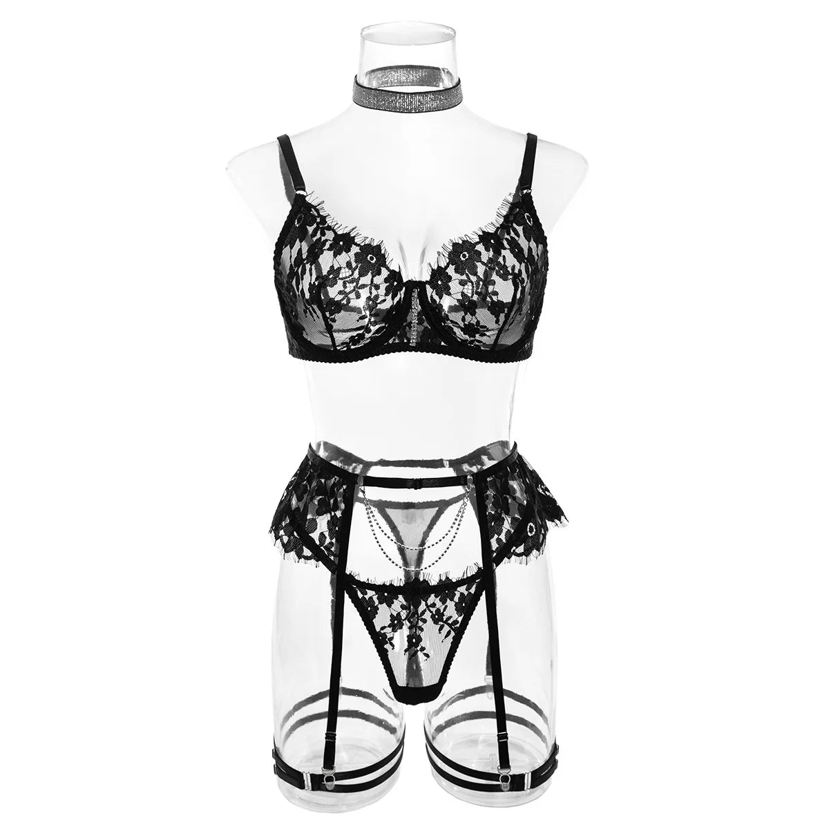 Ensemble Lingerie Noir Glamour – Dentelle Florale, Strass Éblouissants, Soutien-Gorge, Culotte et Porte-Jarretelles