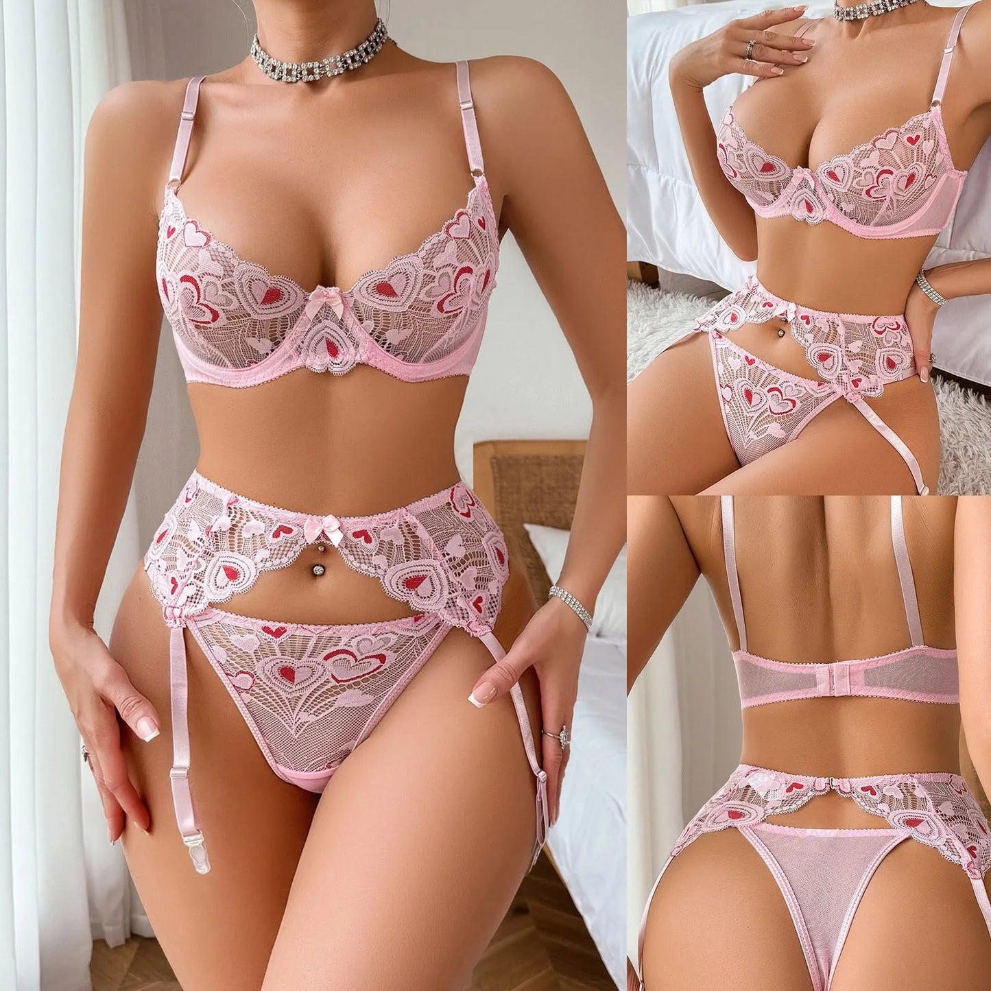 Ensemble Lingerie Rose Envoûtant – Dentelle Brodée, Soutien-Gorge Transparent et Culotte string avec Porte-jarretelles