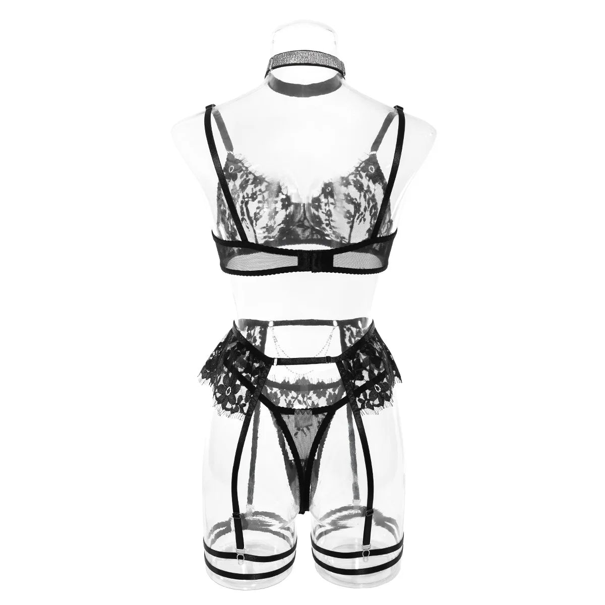 Ensemble Lingerie Noir Glamour – Dentelle Florale, Strass Éblouissants, Soutien-Gorge, Culotte et Porte-Jarretelles